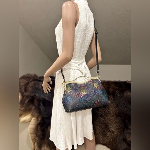 Unique Colorful Rose Embossed Cowhide Handmade Retro Style Kisslock Handbag - Picture 9 of 17